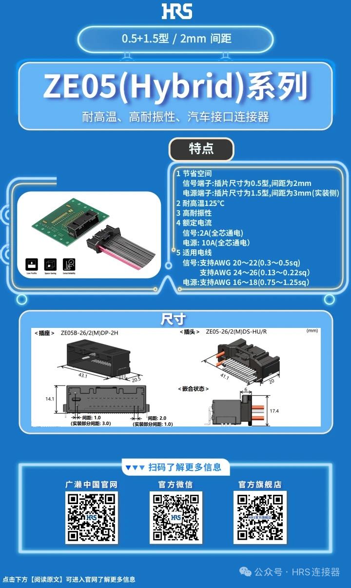 【產(chǎn)品推薦】耐高溫、高耐振性、汽車接口、電源信號混合型連接器ZE05系列